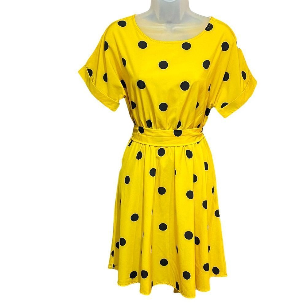 SHEIN yellow with black polka dots sz small dress with ribbon tie belt